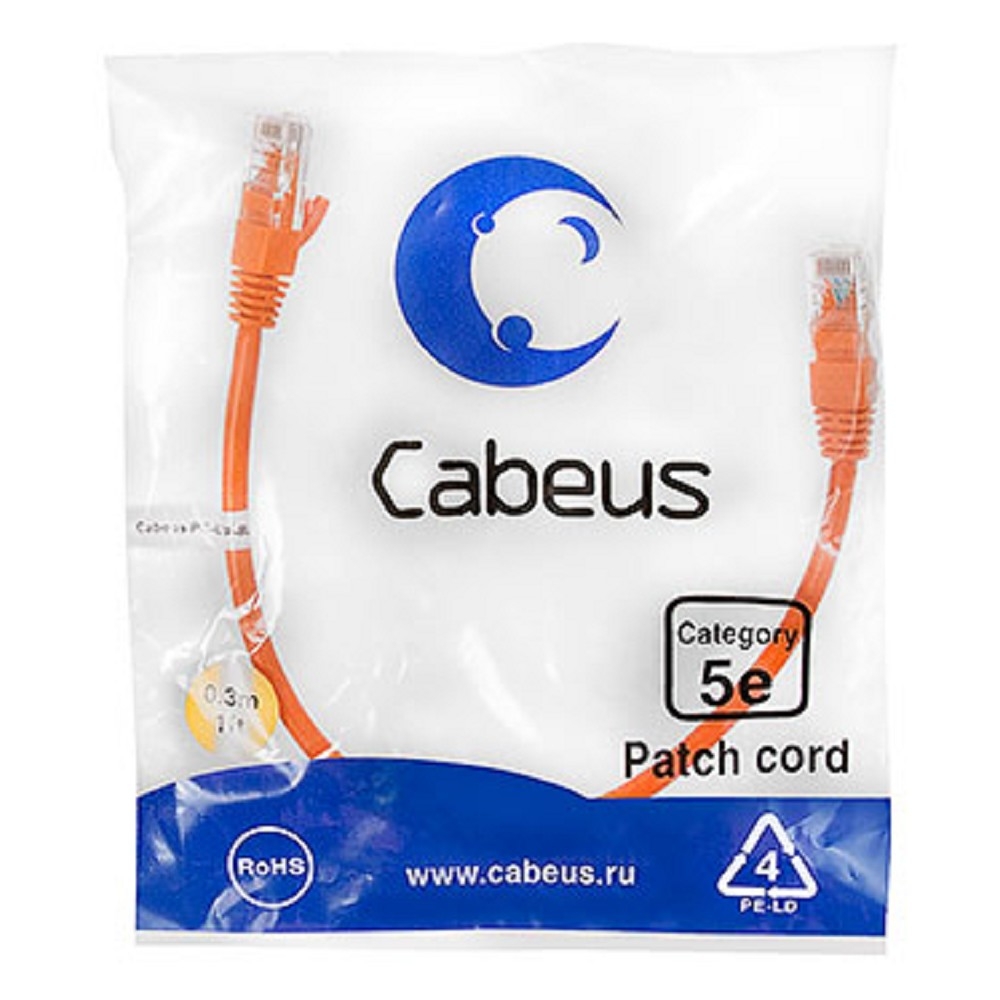 Патч-корд Cabeus PC-UTP-RJ45-Cat.5e-0.3m-OR-LSZH, U/UTP Cat.5e, 0,3 м, оранжевый