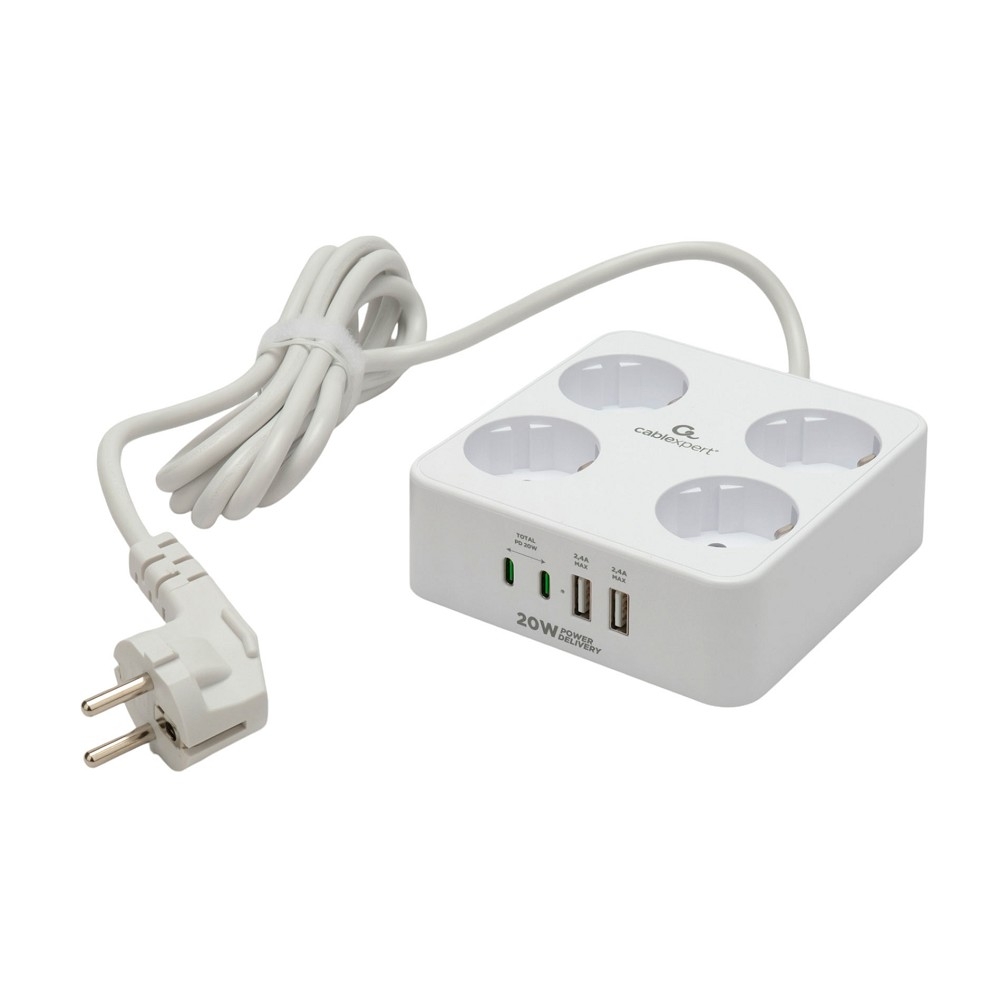 Сетевой фильтр Cablexpert PLT-4-C2U2-W-2, 4р, 2xType-C, 2xUSB, 2м