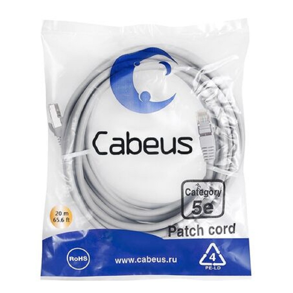 Патч-корд Cabeus PC-FTP-RJ45-Cat.5e-20m, F/UTP, кат. 5е, 2×RJ45, AWG24, 20 м, серый