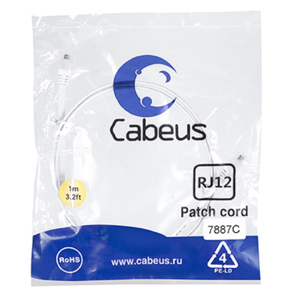 Телефонный патч-корд Cabeus PC-TEL-RJ12-1m, RJ12 6p4C, U/UTP, 1 м, белый