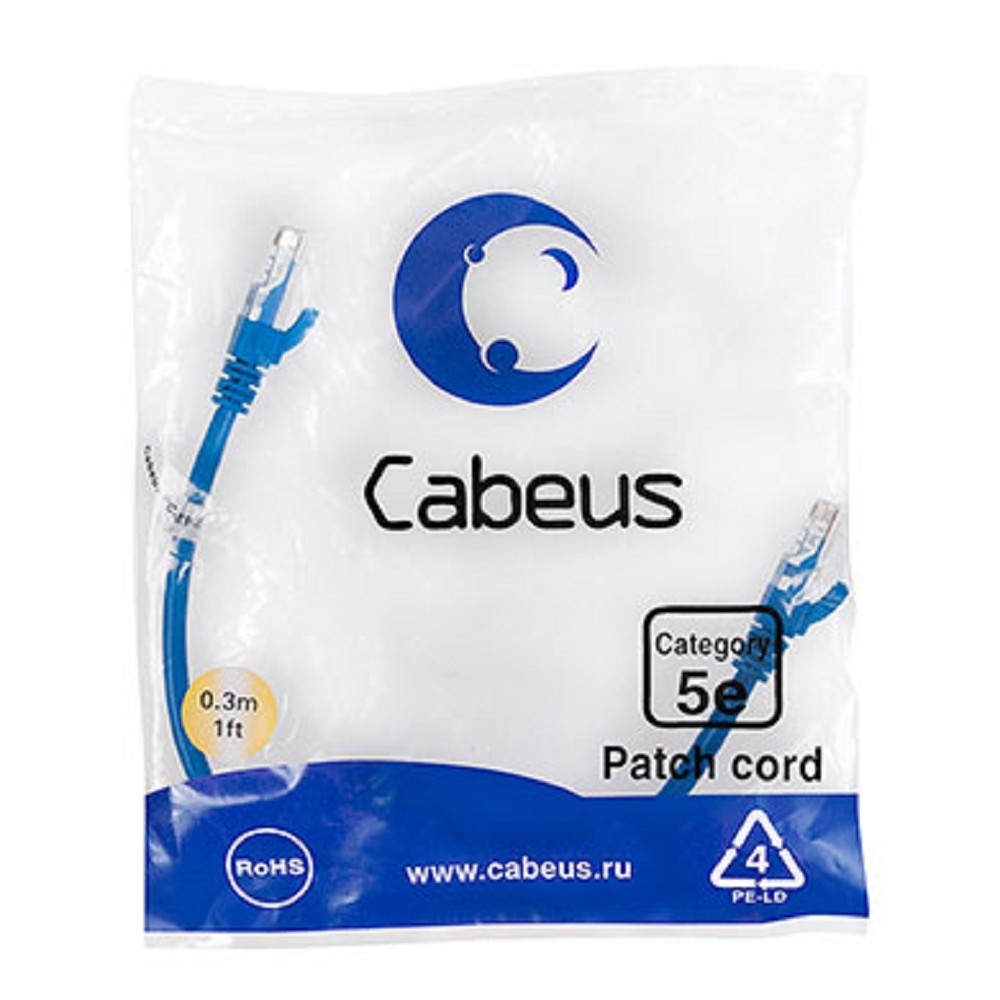 Патч-корд Cabeus PC-UTP-RJ45-Cat.5e-0.3m-BL, U/UTP Cat.5e, 2×RJ45, 0,3 м, синий