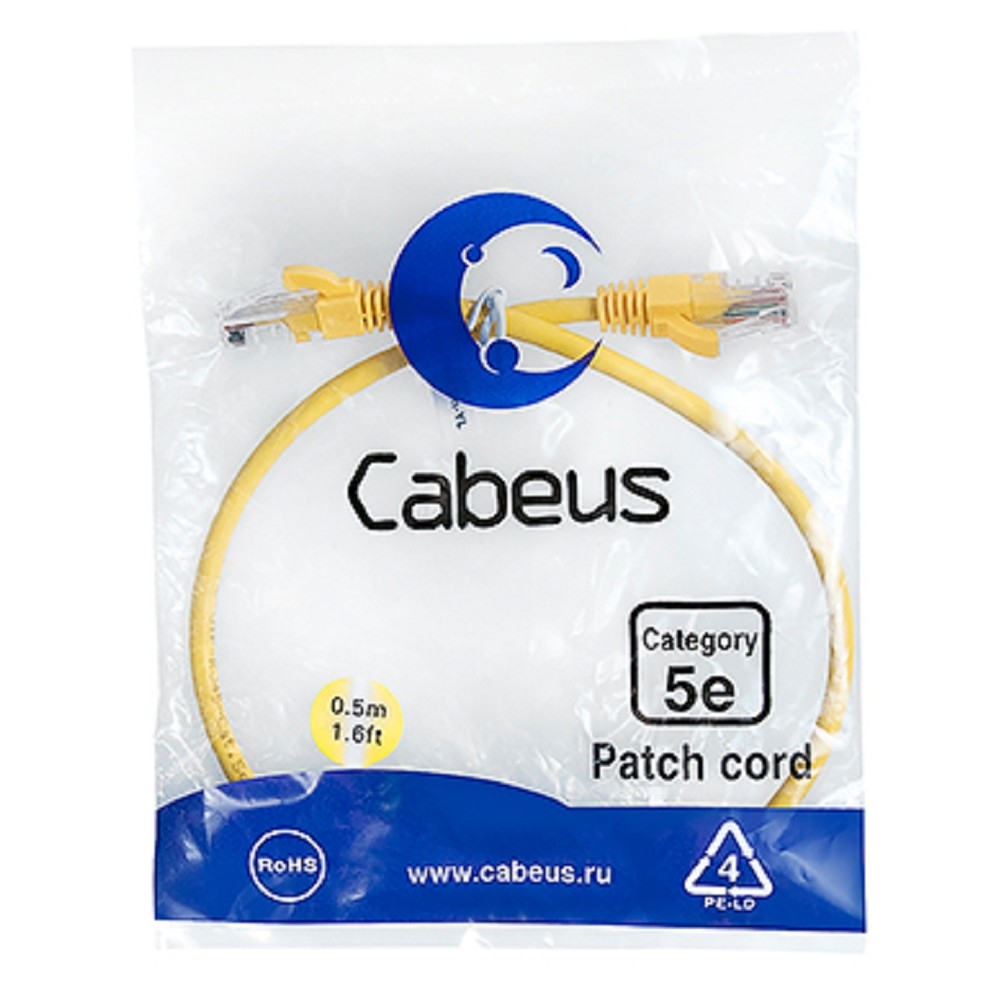 Патч-корд Cabeus PC-UTP-RJ45-Cat.5e-0.5m-YL, U/UTP Cat.5e, 2×RJ45, 0.5 м, желтый