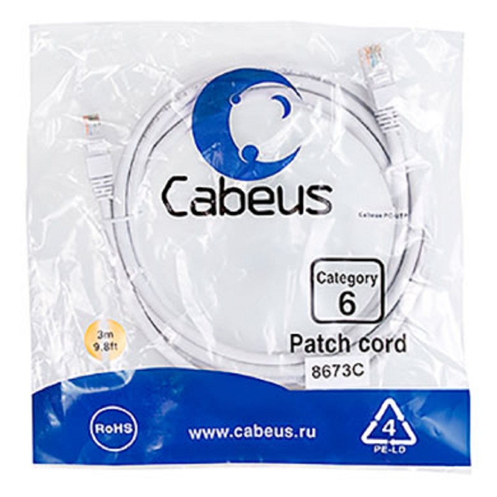 Патч-корд Cabeus PC-UTP-RJ45-Cat.6-3m-WH, U/UTP Cat.6, 2×RJ45, 3 м, белый