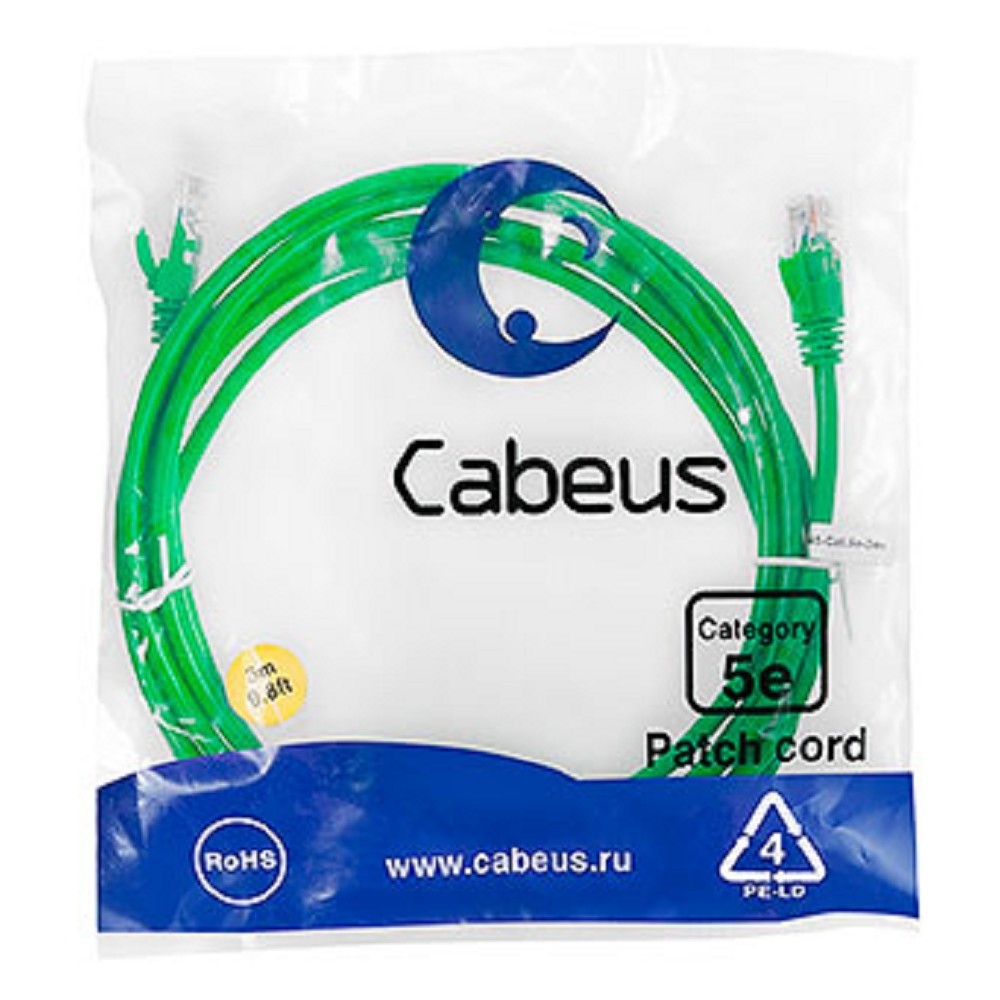 Патч-корд Cabeus PC-UTP-RJ45-Cat.5e-3m-GN, U/UTP, кат. 5e, 2×RJ45, 3 м, зелёный