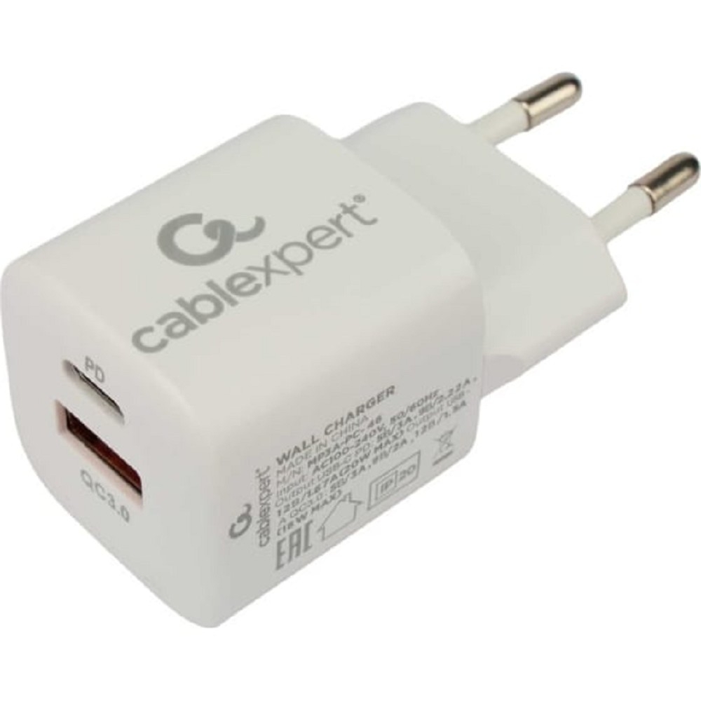 Зарядное устройство Cablexpert MP3A-PC-46, 20W, QC3.0/PD, USB Type-C, белый