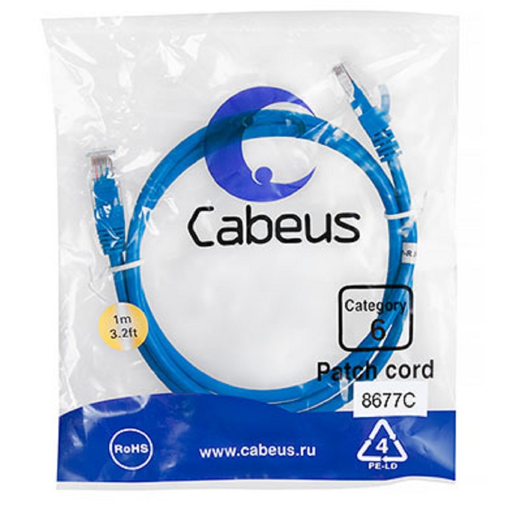 Патч-корд Cabeus PC-UTP-RJ45-Cat.6-1m-BL, U/UTP Cat.6, 2×RJ45, 1 м, синий