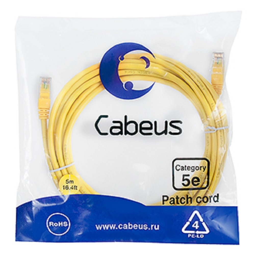 Патч-корд Cabeus PC-UTP-RJ45-Cat.5e-5m-YL-LSZH, U/UTP кат. 5e, RJ45, 5 м, LSZH