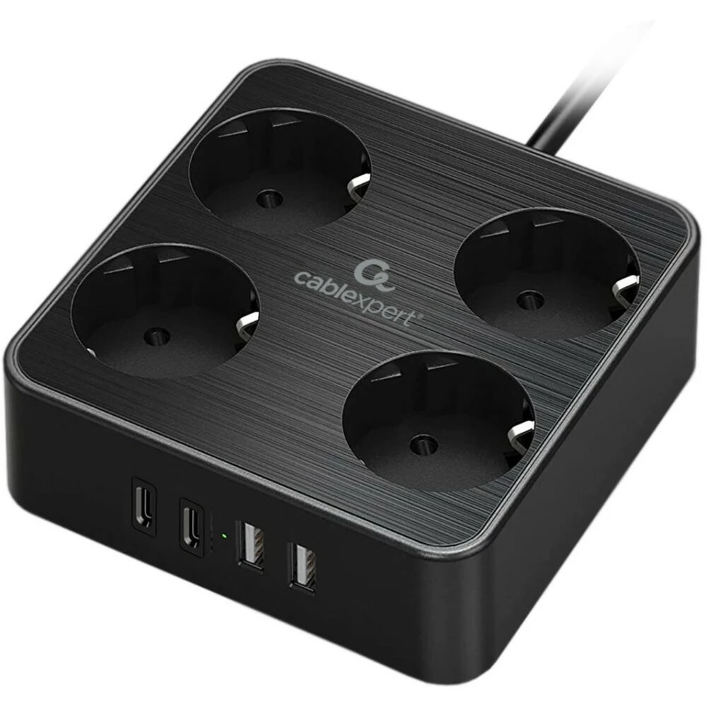 Сетевой фильтр Cablexpert PLT-4-C2U2-B-2, 4 розетки, 2×Type-C PD, 2×USB, 2 м