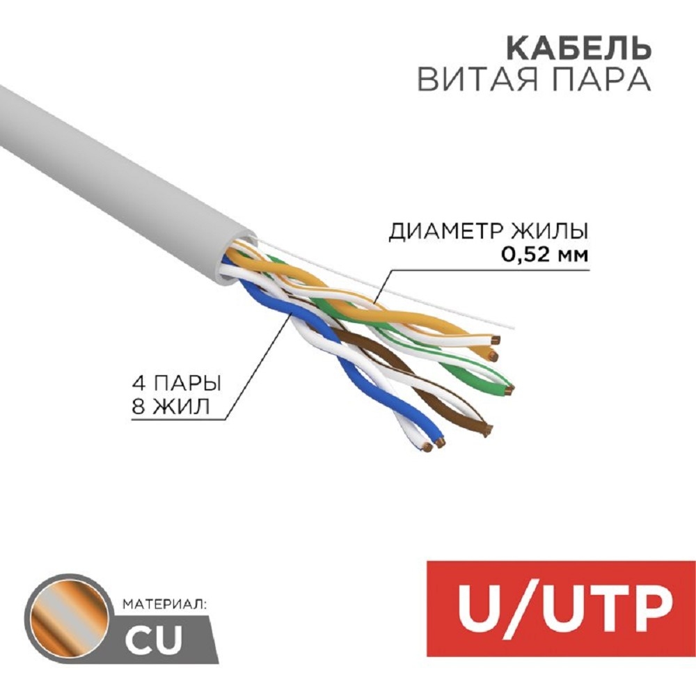 Кабель Rexant 02-0004, витая пара U/UTP CAT 5e, 4×2×0,52 мм, 24AWG, LSZH, 305 м
