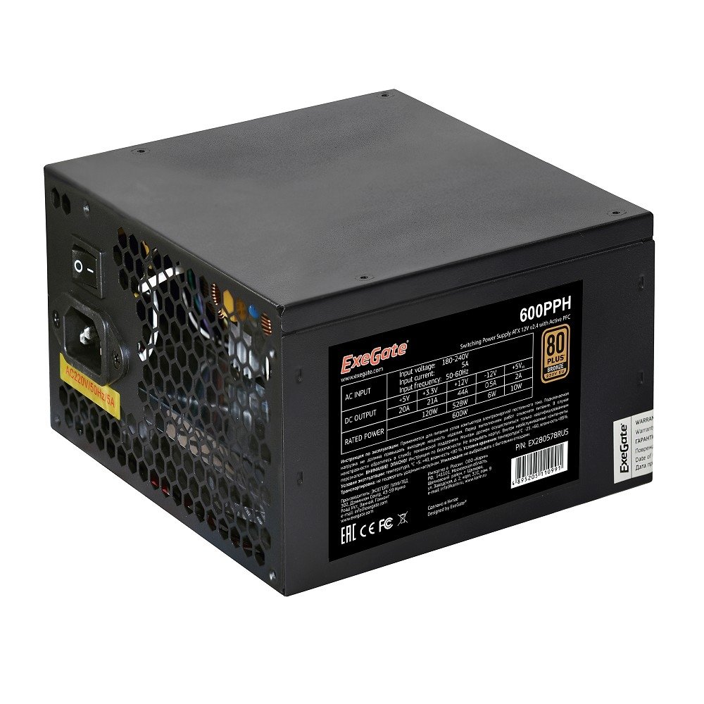 Блок питания ExeGate 600PPH-OEM, 600 Вт, ATX, 80 PLUS Bronze