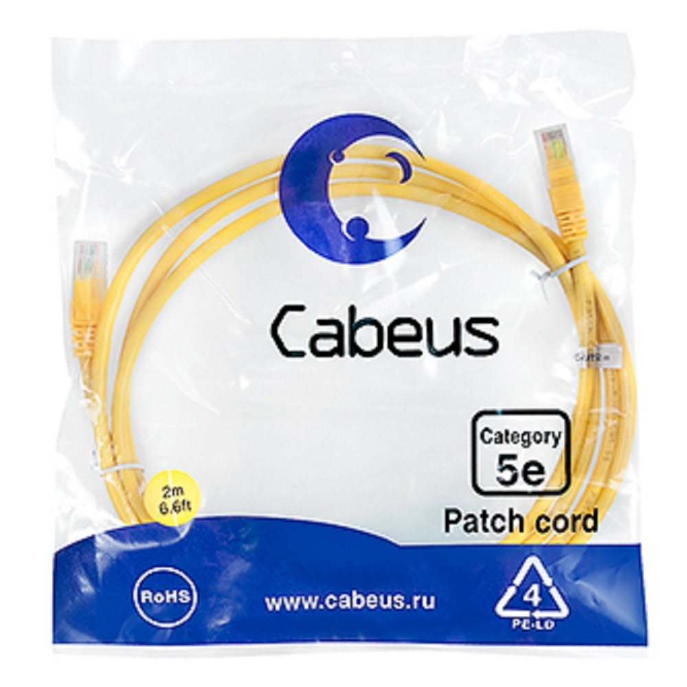 Патч-корд Cabeus PC-UTP-RJ45-Cat.5e-2m-YL, U/UTP Cat.5e, 2×RJ45, 2 м, желтый