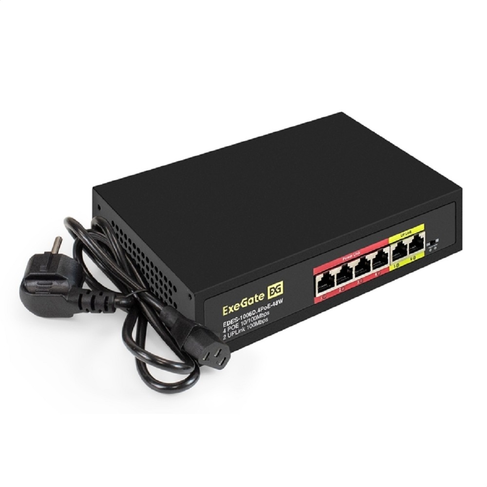 Коммутатор EXEGATE EX299020RUS, 6×100M (4×PoE), 48W, неуправляемый