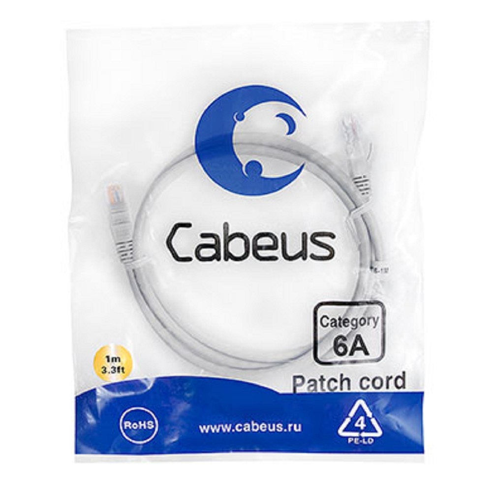 Патч-корд Cabeus PC-UTP-RJ45-Cat.6a-1m-LSZH, U/UTP, Cat.6a, 2×RJ45, LSZH, 1 м