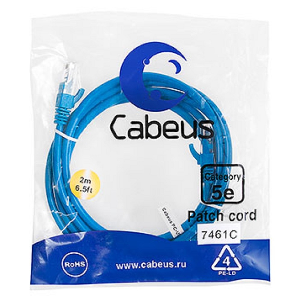 Патч-корд Cabeus PC-UTP-RJ45-Cat.5e-2m-BL-LSZH, U/UTP Cat.5e, 2×RJ45, 2 м, синий