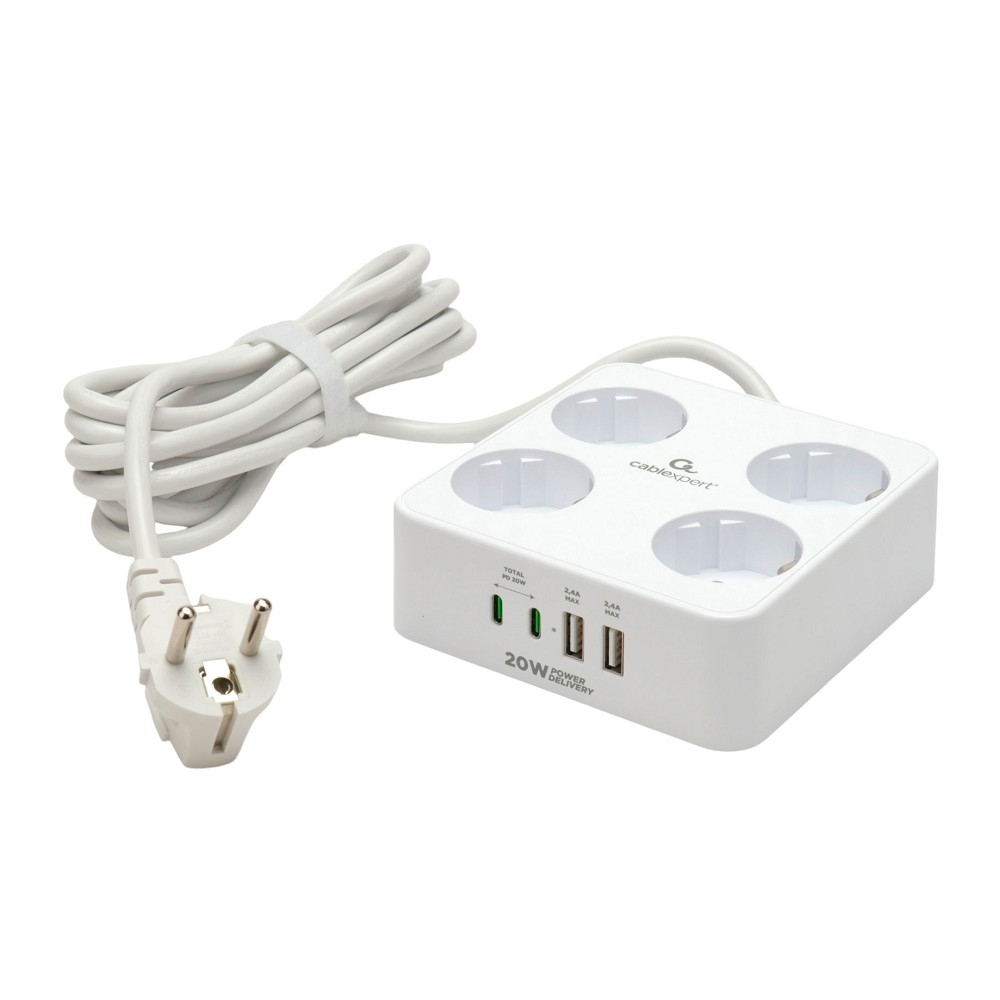 Сетевой фильтр Cablexpert PLT-4-C2U2-W-3, 4р, 10А, 2xType-C PD, 2xUSB, 3м