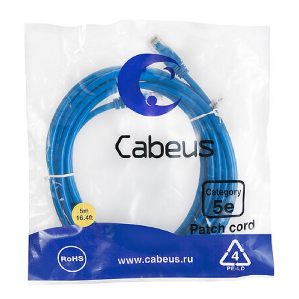 Патч-корд Cabeus PC-UTP-RJ45-Cat.5e-5m-BL-LSZH, U/UTP, Cat.5e, 5м, LSZH