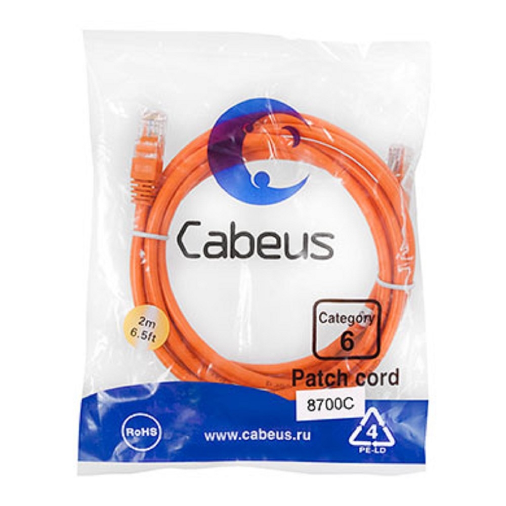 Патч-корд Cabeus PC-UTP-RJ45-Cat.6-2m-OR, U/UTP Cat.6, 2×RJ45, 2 м, оранжевый