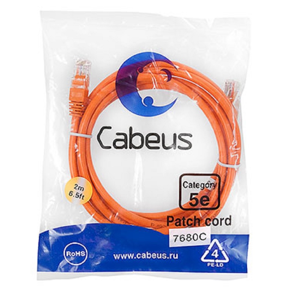 Патч-корд Cabeus PC-UTP-RJ45-Cat.5e-2m-OR-LSZH, U/UTP Cat.5e, 2×RJ45, LSZH, 2 м, оранжевый