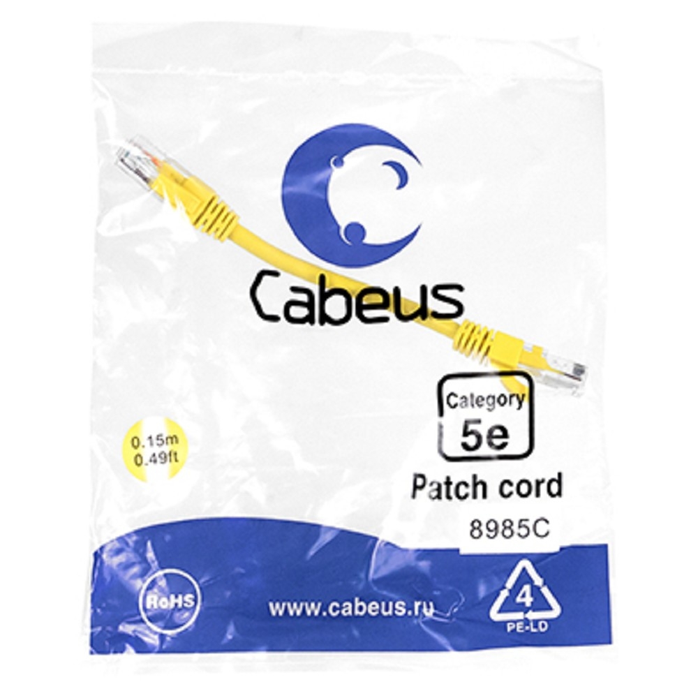 Патч-корд Cabeus PC-UTP-RJ45-CAT.5E-0.15M-YL, U/UTP Cat.5e, 2×RJ45, 0,15 м, желтый