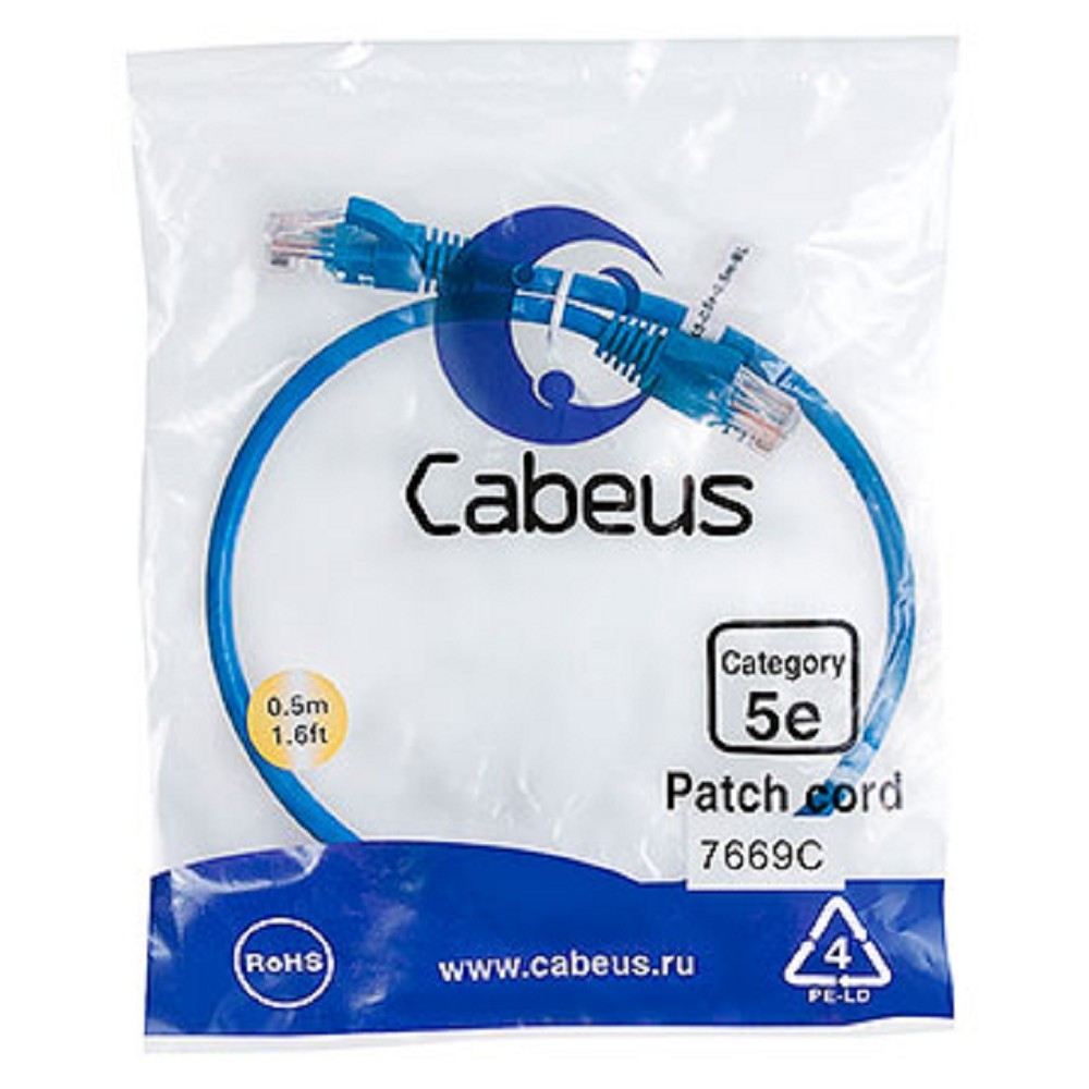 Патч-корд Cabeus PC-UTP-RJ45-Cat.5e-0.5m-BL, U/UTP Cat.5e, 2×RJ45, 0,5 м, синий