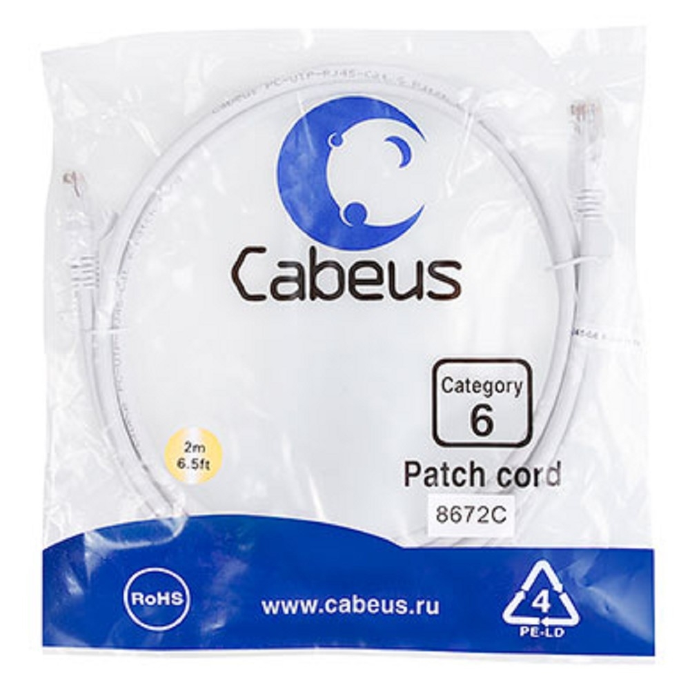Патч-корд Cabeus PC-UTP-RJ45-Cat.6-2m-WH, U/UTP Cat.6, 2×RJ45, 2 м, белый