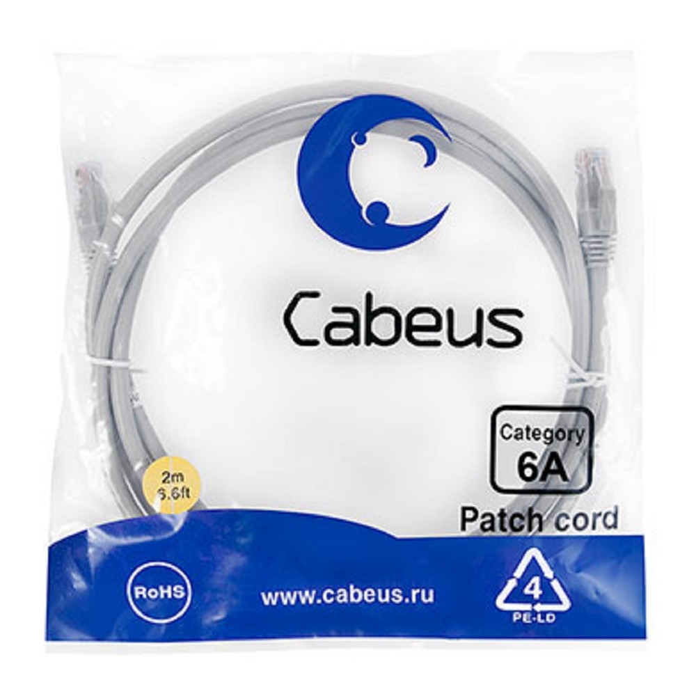 Патч-корд Cabeus PC-UTP-RJ45-Cat.6a-2m-LSZH, U/UTP Cat.6a, 2×RJ45, LSZH, 2 м, серый