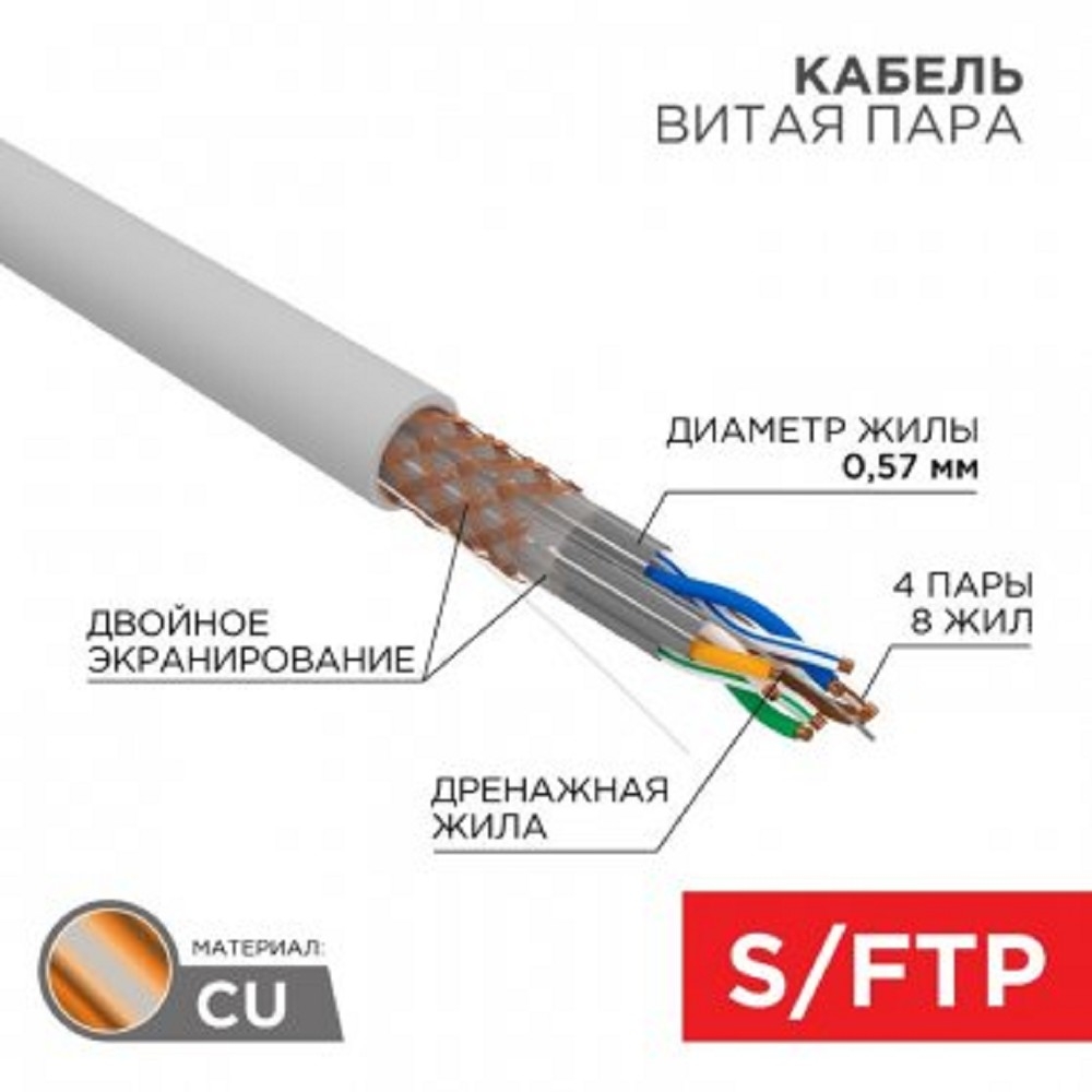 Кабель витая пара Rexant 02-0325, S/FTP, CAT6A, 305м, LSZH
