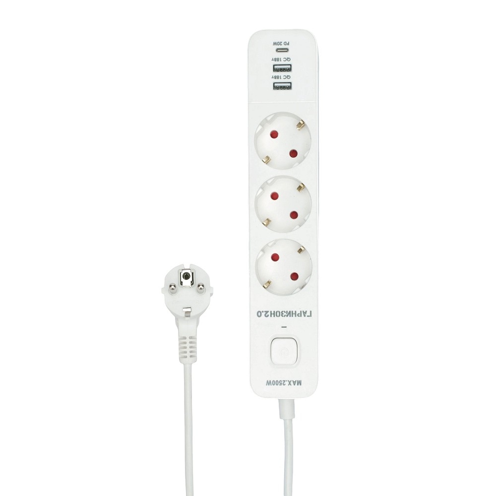 Сетевой фильтр Гарнизон EPS-3-CU2-W-2, 3 розетки, 10 А, USB-C PD, 2 м