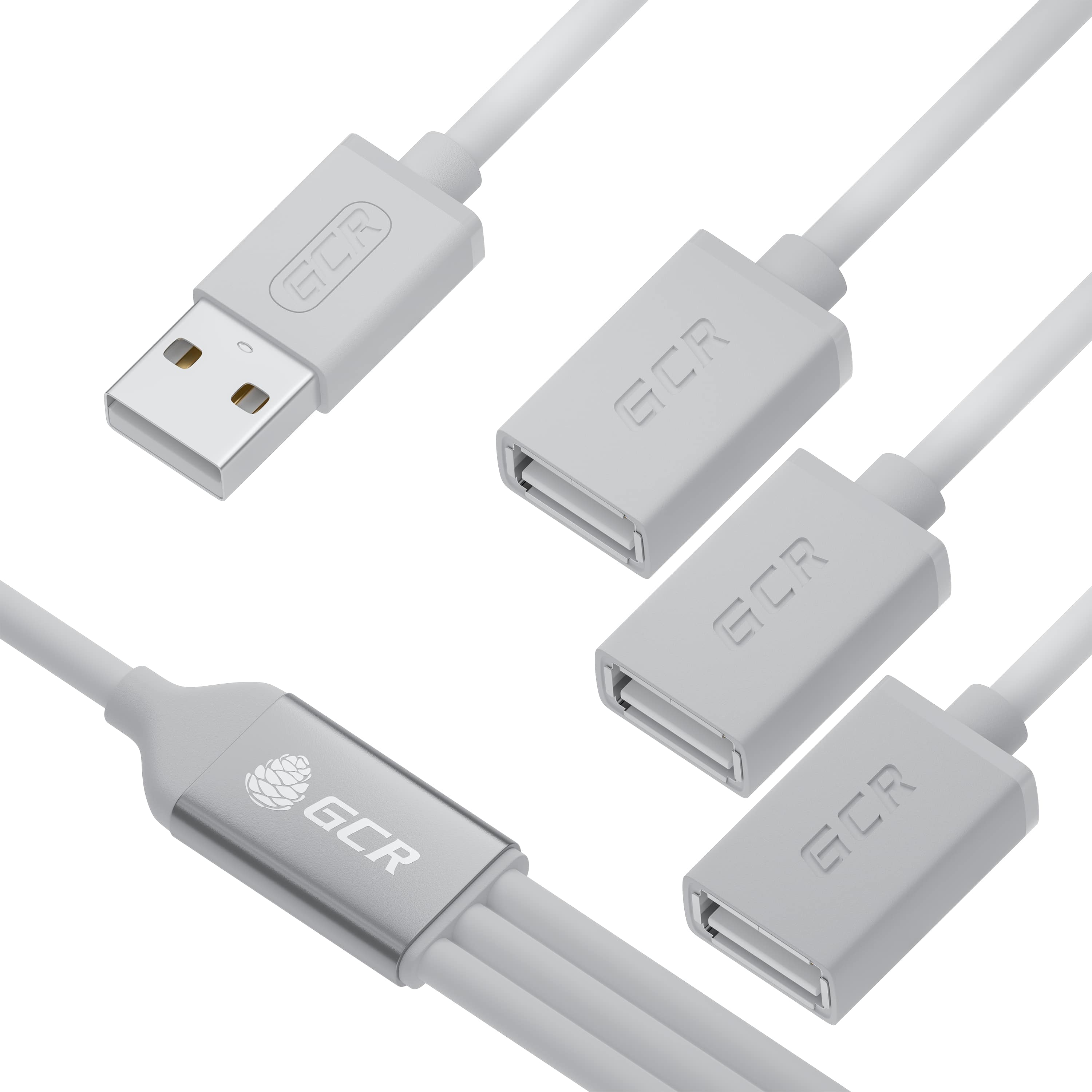 Хаб GCR GCR-53354, USB 2.0, 3 порта Type-A, 0,35 м, гибкий, белый