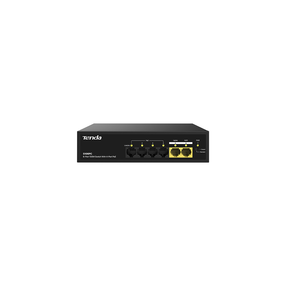 Коммутатор Tenda S106PC, неуправляемый PoE, 6 портов 100 Мбит/с, 4×PoE+ до 30 Вт