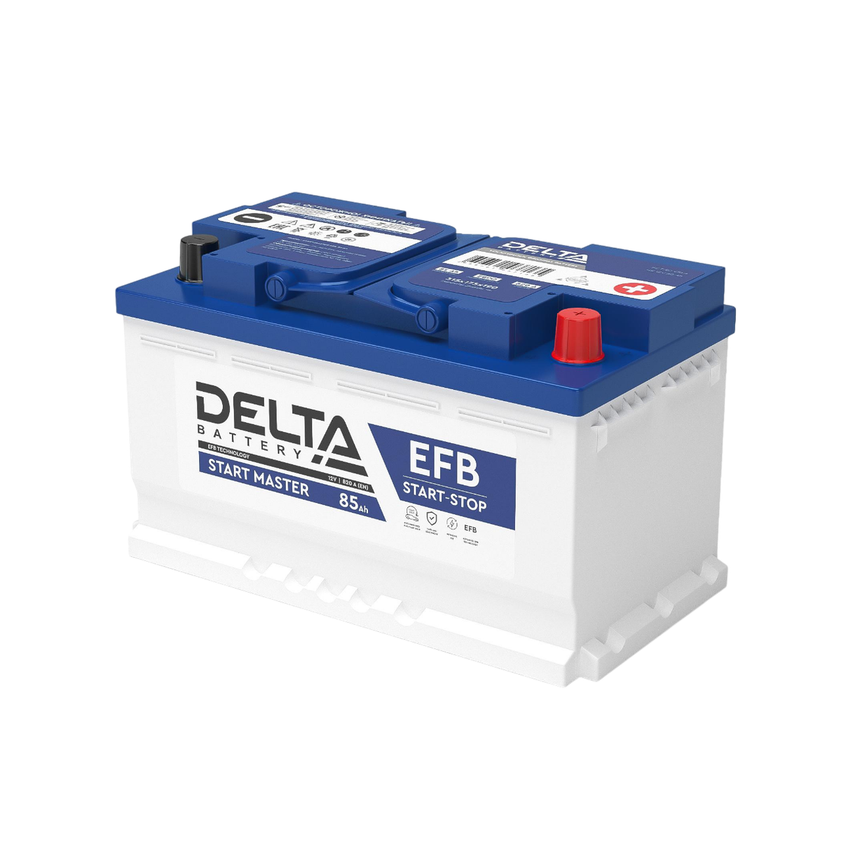 Аккумуляторная батарея для автомобилей/ DELTA серия  START MASTER, DELTA START MASTER 85 Ah EFB, напряжение 12В, емкость 85 Ач (разряд 20 часов; 10.5В), пусковой ток: 820А, полярность обратная ( - +),  тип EFB;Pb (свинцово-кислотный), клеммы: Болт,  ДxШxВ 315x175x190мм., вес  22кг