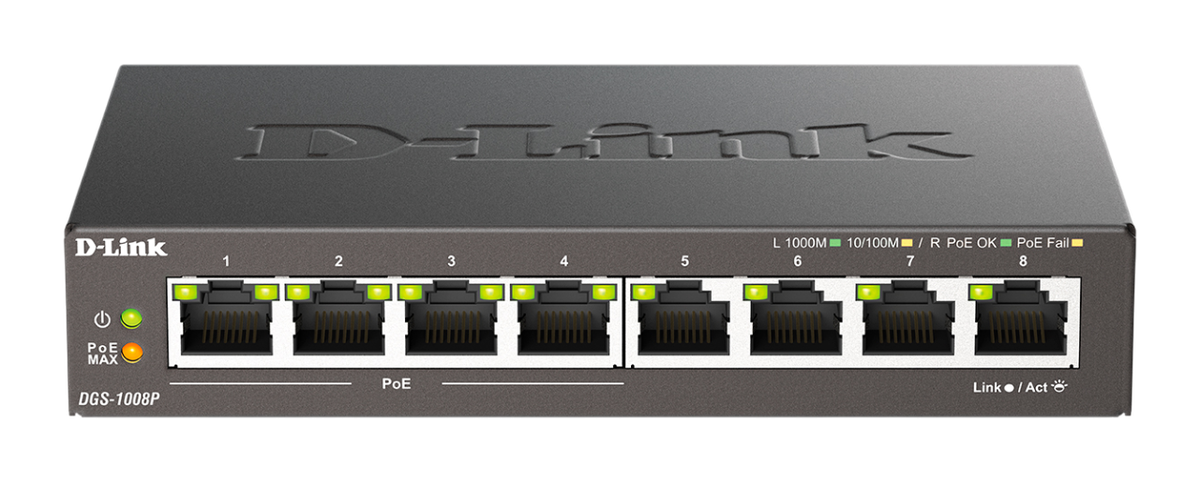 Коммутатор D-Link DGS-1008P/F3A, 8×1GbE, 4×PoE, 80 Вт, неуправляемый