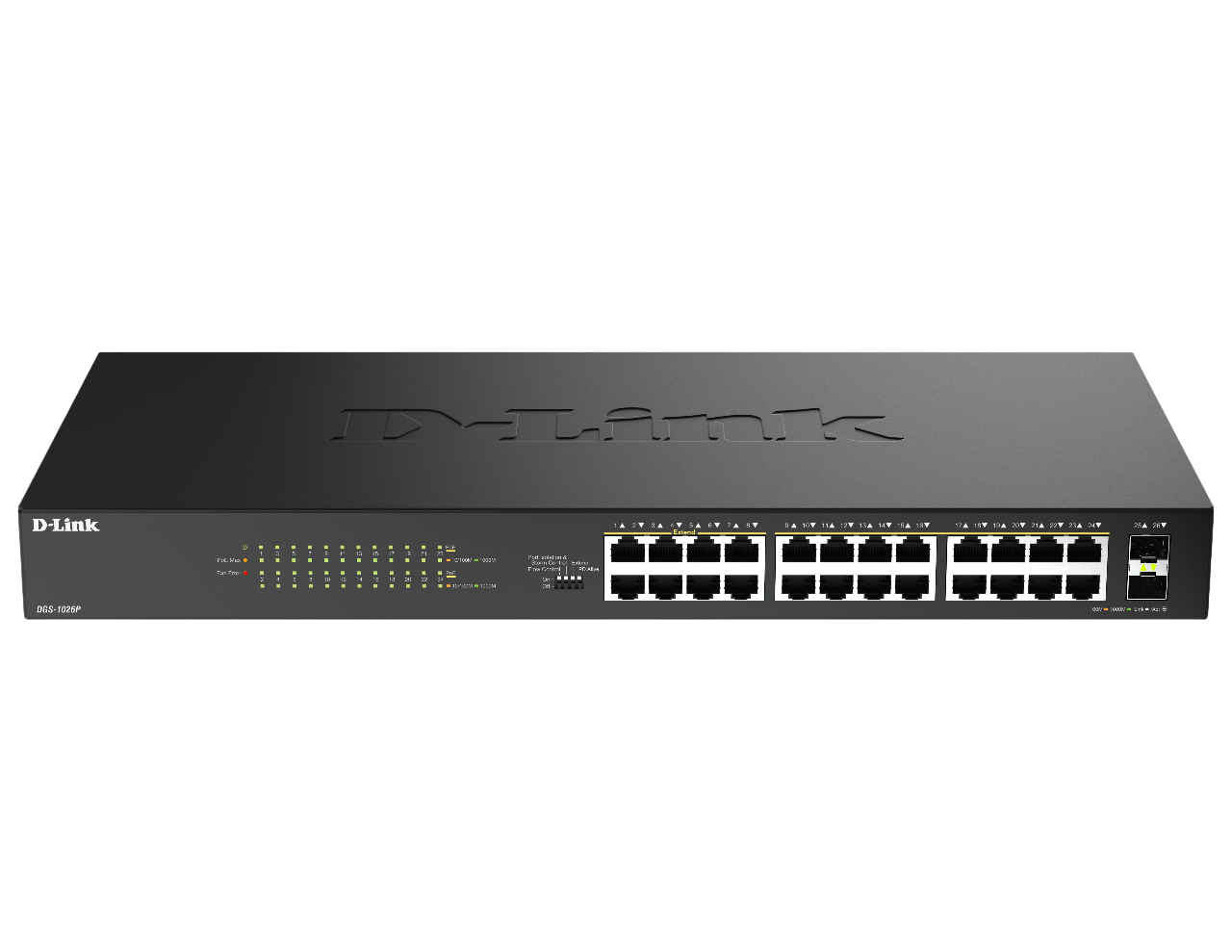 Коммутатор D-Link DGS-1026P/A1A, 24×1GbE PoE, 2×SFP, 240 Вт