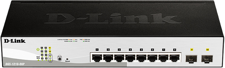 Коммутатор D-Link DGS-1210-08P/G3A, 8×1GbE PoE, 2×SFP, L2, 65 Вт, 1U