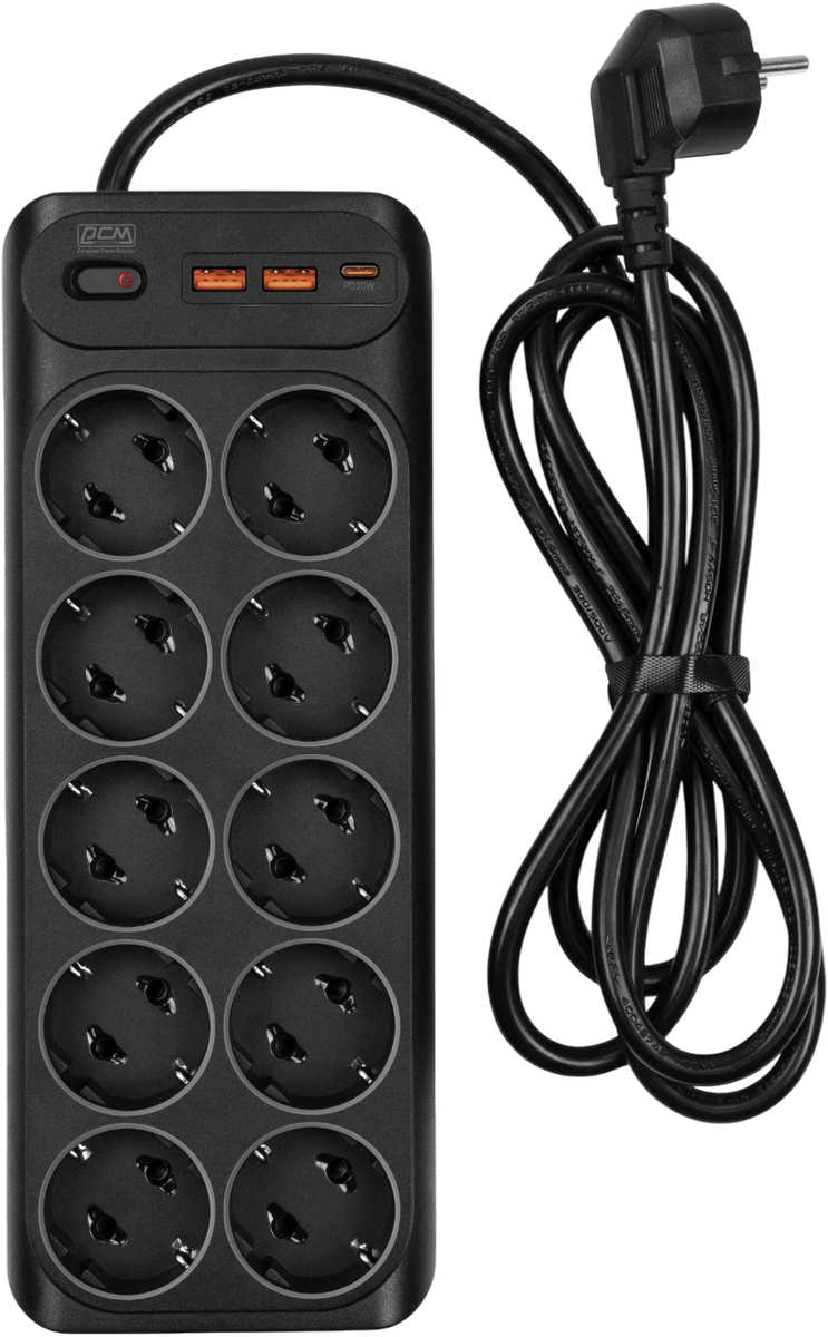 Сетевой фильтр Powercom SP-10 USB2A1CB 3.0M, 10 розеток Schuko, 16 А, 4 кВт, USB-C/A