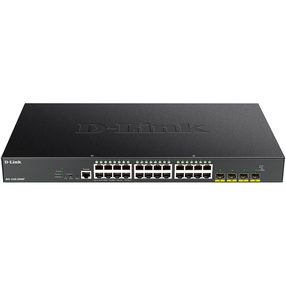 Коммутатор D-Link DGS-1250-28XMP/A1A, L2, 24×1GbE PoE, 4×10G SFP+, PoE 370W