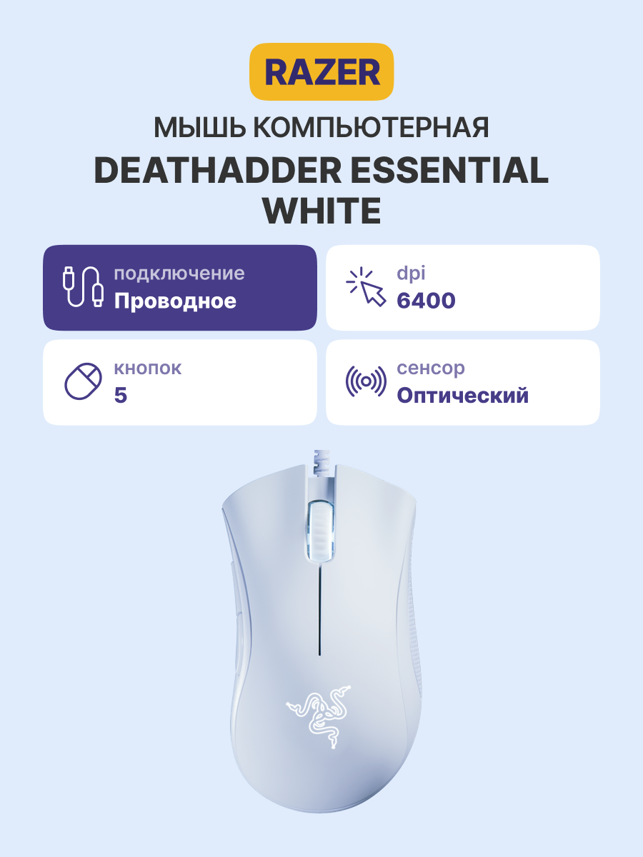 Мышь Razer DeathAdder Essential White, оптическая 6400 DPI, 5 кнопок, USB, белая