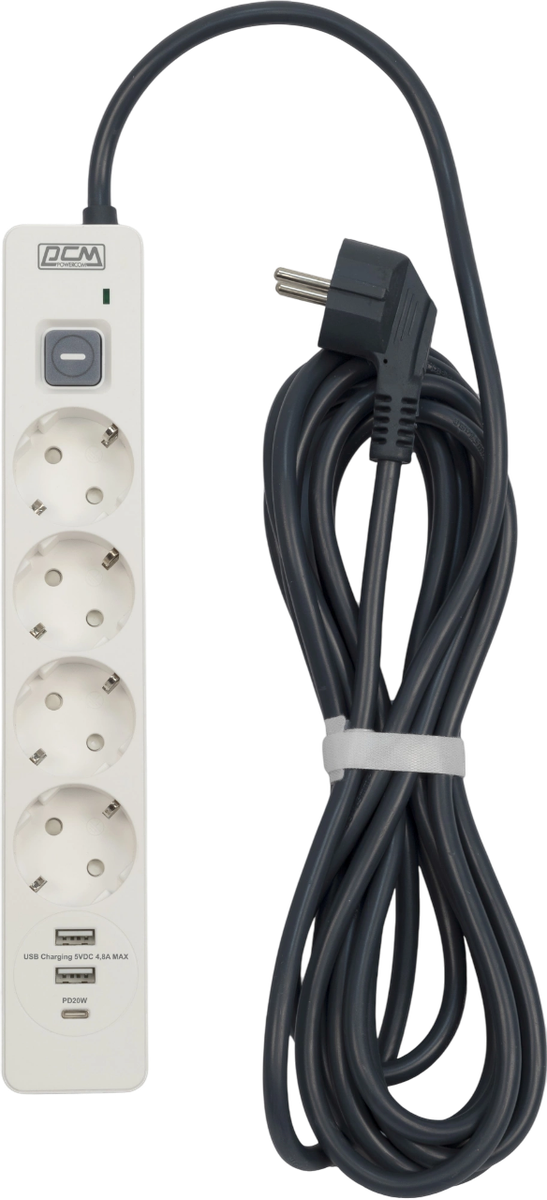 Сетевой фильтр Powercom SP-01 USB2A1CW 3.0M, 4 розетки, 16 А, USB-C PD 20 Вт