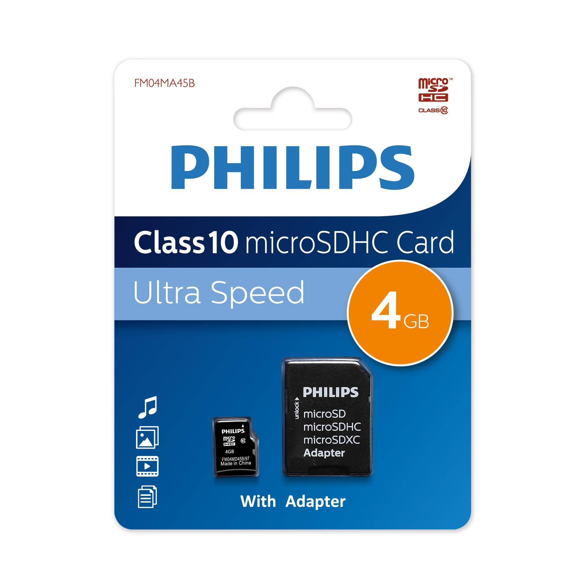 Карта памяти Philips FM04MA45B/97, microSDHC, 4 ГБ, Class 10, с SD-адаптером