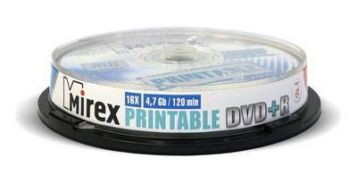 Диск DVD+R Mirex 204596, 4.7 ГБ, 16x, printable, 10 шт на шпинделе