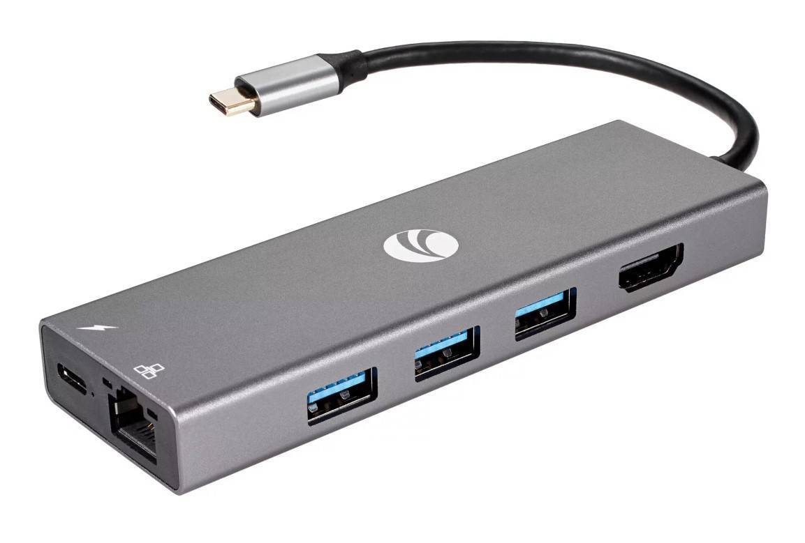 Адаптер VCOM CU459, USB Type-C на 6 в 1: RJ-45, 3×USB 3.0, PD, HDMI 1.4, алюминиевый корпус
