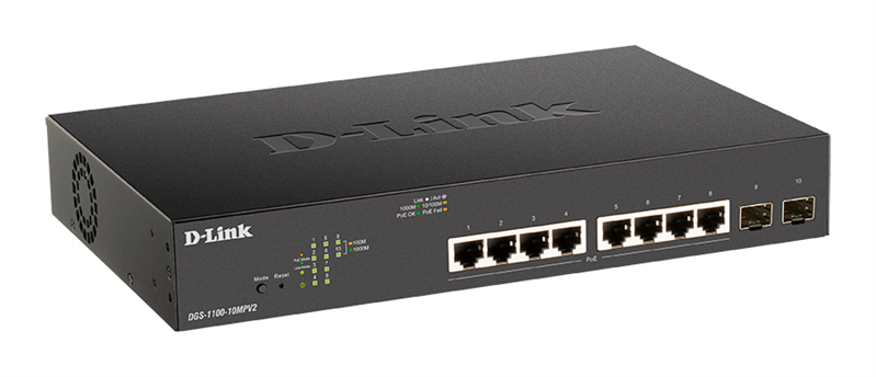 Коммутатор D-Link DGS-1100-10MPV2/A3A, L2, 8×1GbE PoE, 2×SFP, 130 Вт