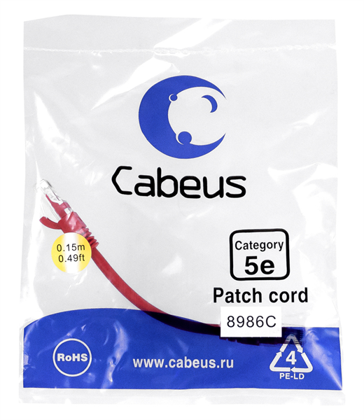 Патч-корд Cabeus PC-UTP-RJ45-Cat.5e-0.15m-RD-LSZH, U/UTP 5e, 2×RJ45, 0.15 м, LSZH