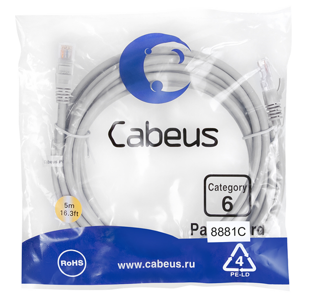 Патч-корд Cabeus PC-UTP-RJ45-CAT.6-5M-LSZH, U/UTP Cat.6, 2×RJ45, 5 м, LSZH