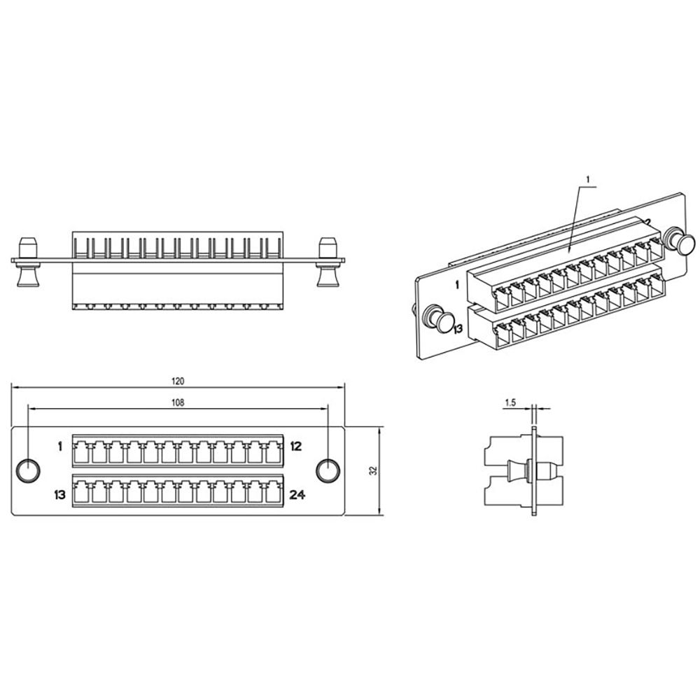 Патч-панель Hyperline FO-FPM-W120H32-24LC-BL, 24 LC, OS1/OS2, 120×32 мм