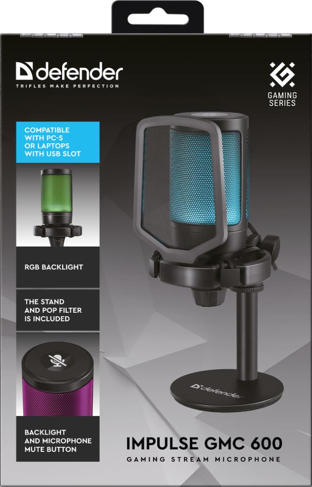 Микрофон Defender Impulse GMC 600, USB Type-C, RGB, кабель 1.7 м