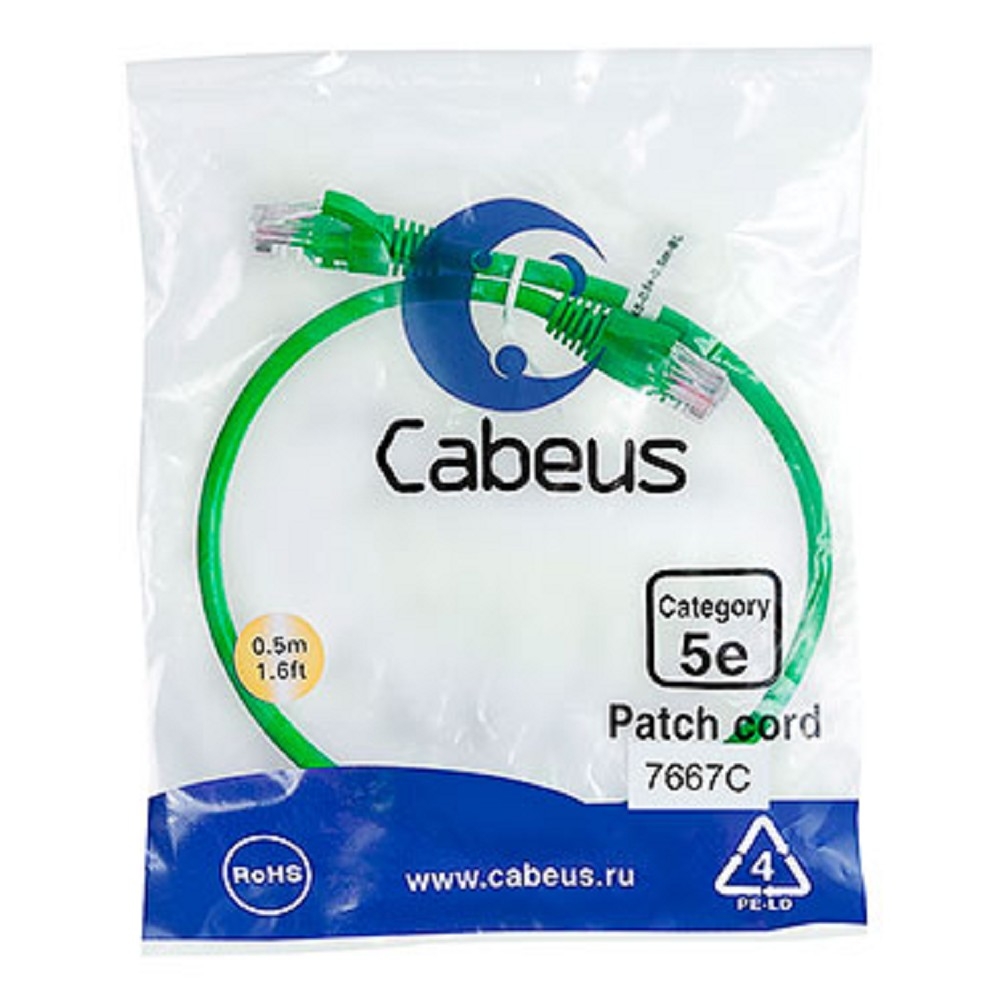 Патч-корд Cabeus PC-UTP-RJ45-Cat.5e-0.5m-GN, U/UTP, Cat.5e, 0.5 м, зелёный