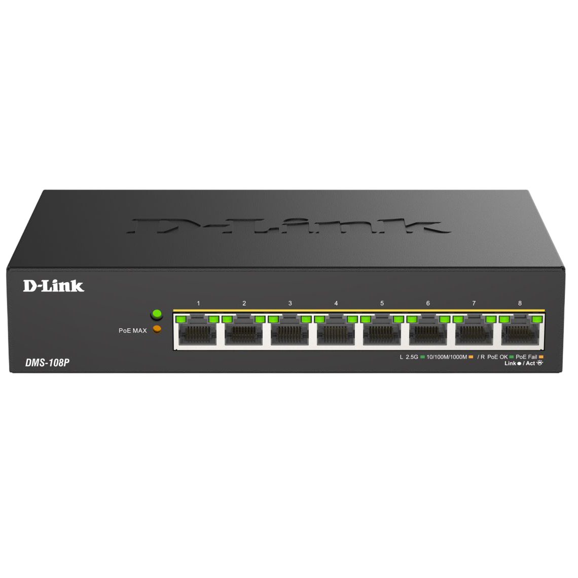Коммутатор D-Link DMS-108P/A1A, неуправляемый, 8×2.5GbE PoE, PoE-бюджет 230 Вт