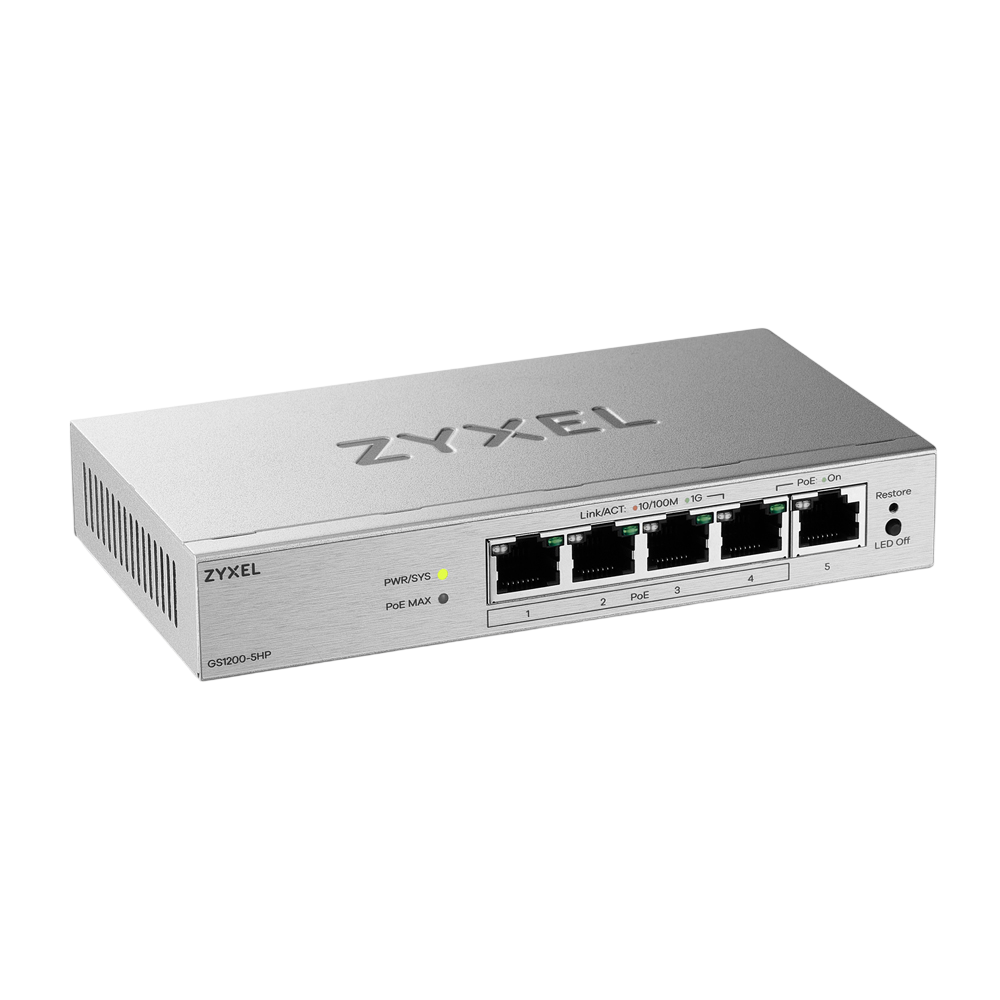Коммутатор ZYXEL GS1200-5HPV3-EU0101F, 5×GbE, 4×PoE+, 68W, Web-managed