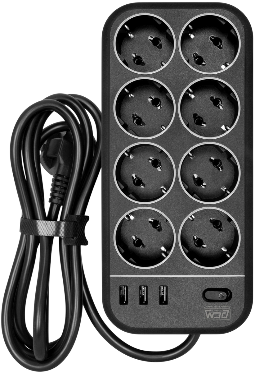 Сетевой фильтр Powercom SP-08 USB03AB 3.0M, 8 розеток, 16 А, 3×USB